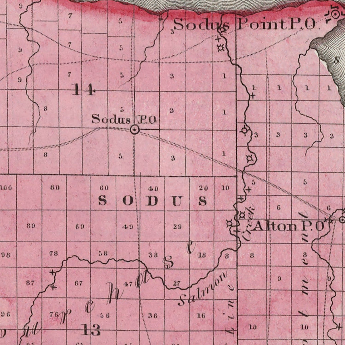 Restored historic details from the 1840 county map of Wayne County, New York