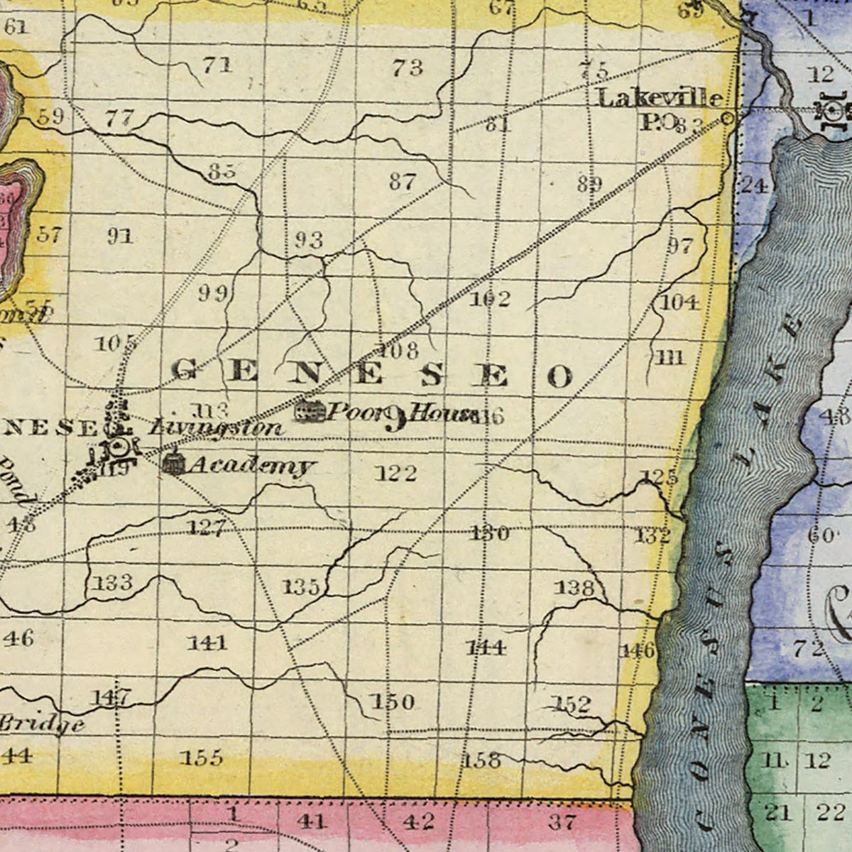 Restored historic details from the 1840 county map of Livingston County, New York