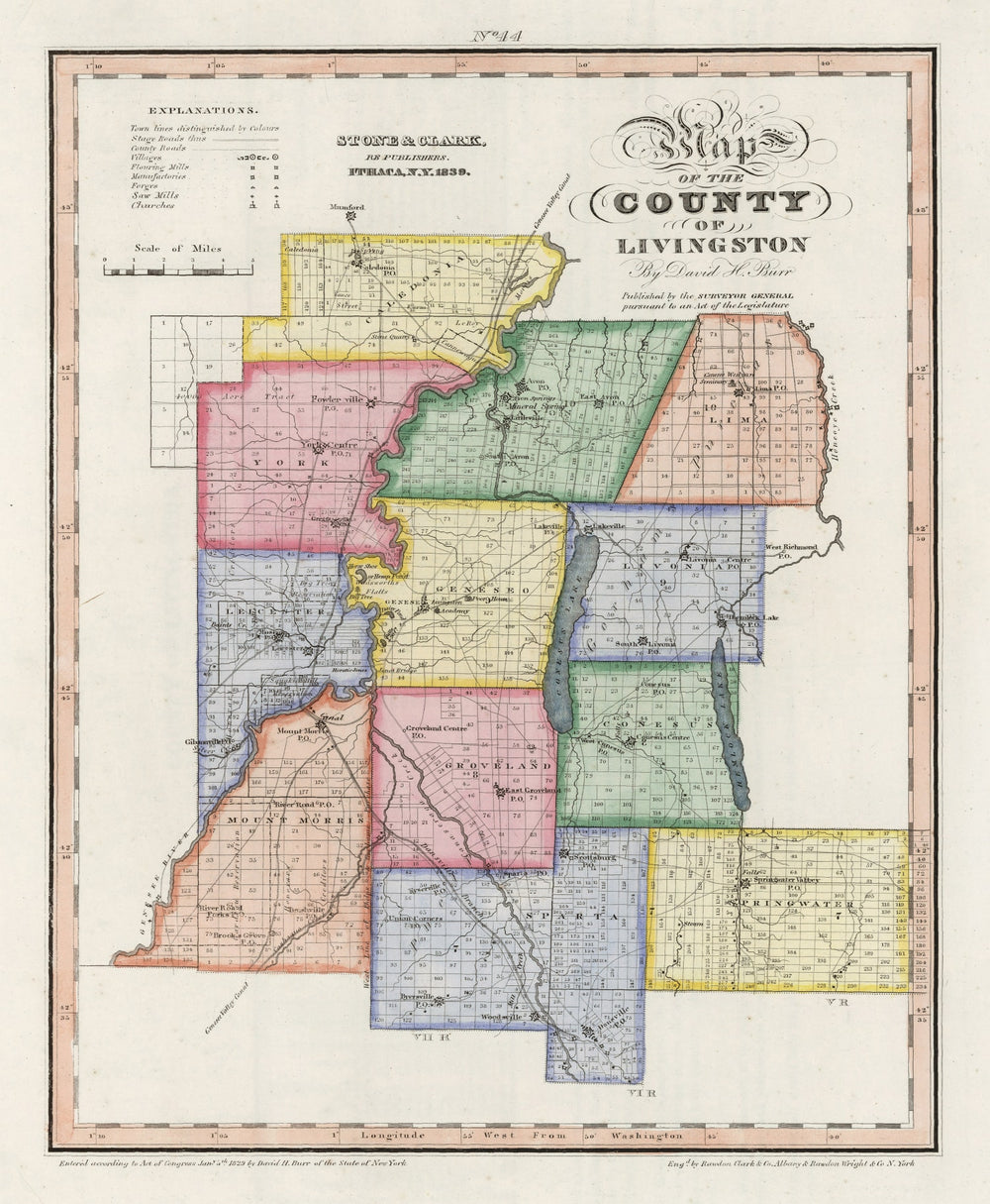 Vintage Map of Livingston County, New York 1840 print style example