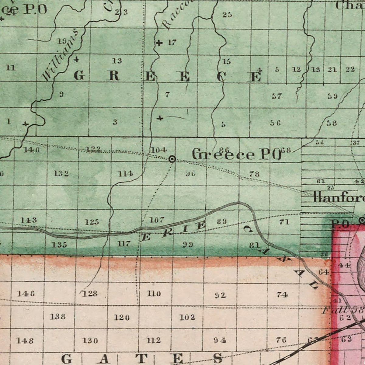 Restored historic details from the 1840 county map of Monroe County, New York