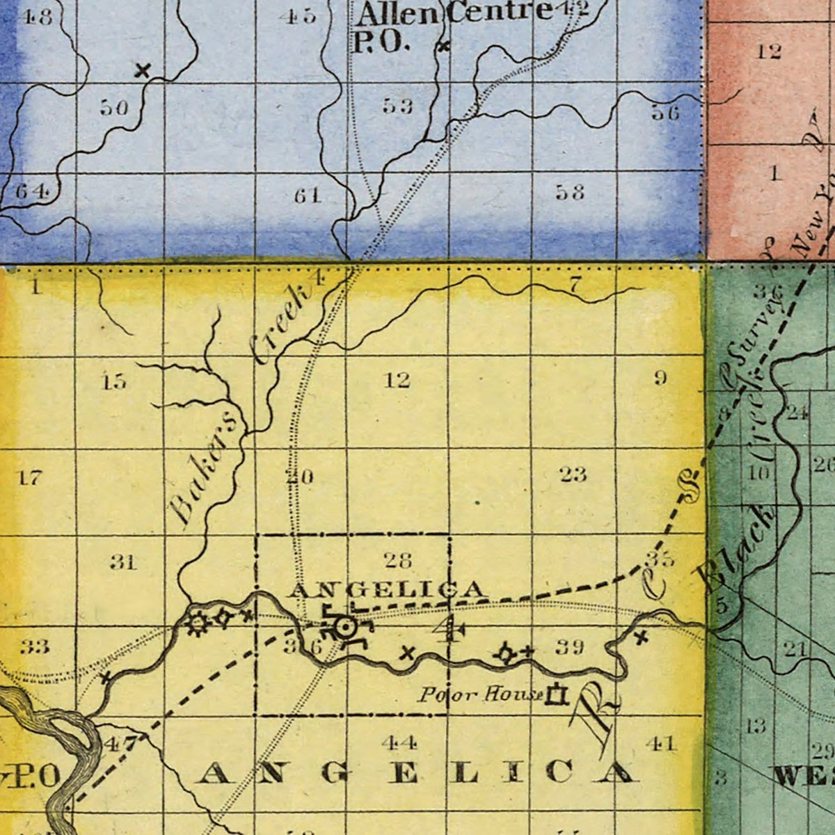 Restored historic details from the 1840 county map of Allegany County, New York