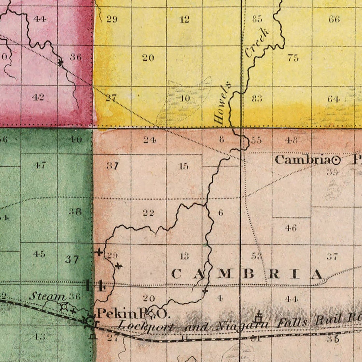 Restored historic details from the 1840 county map of Niagara County, New York