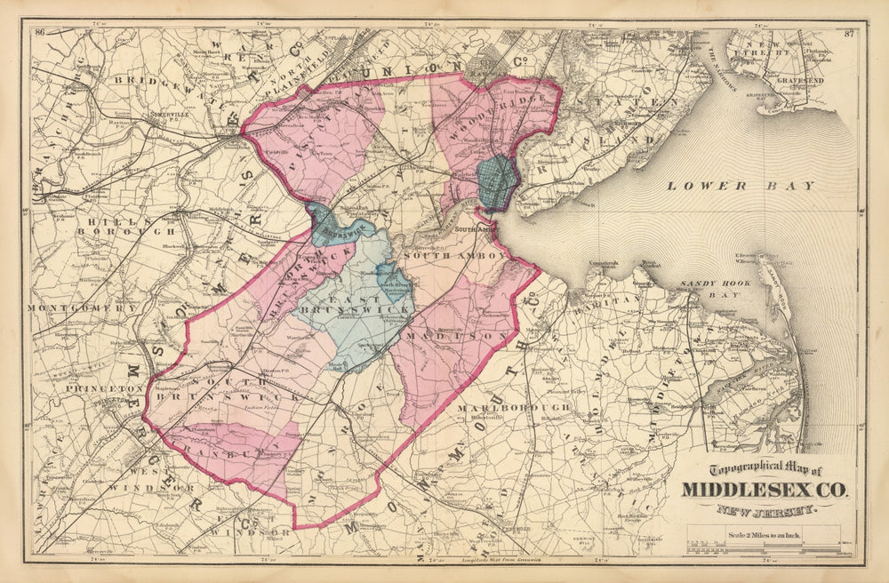Vintage Map of Middlesex County, New Jersey 1872 print style example