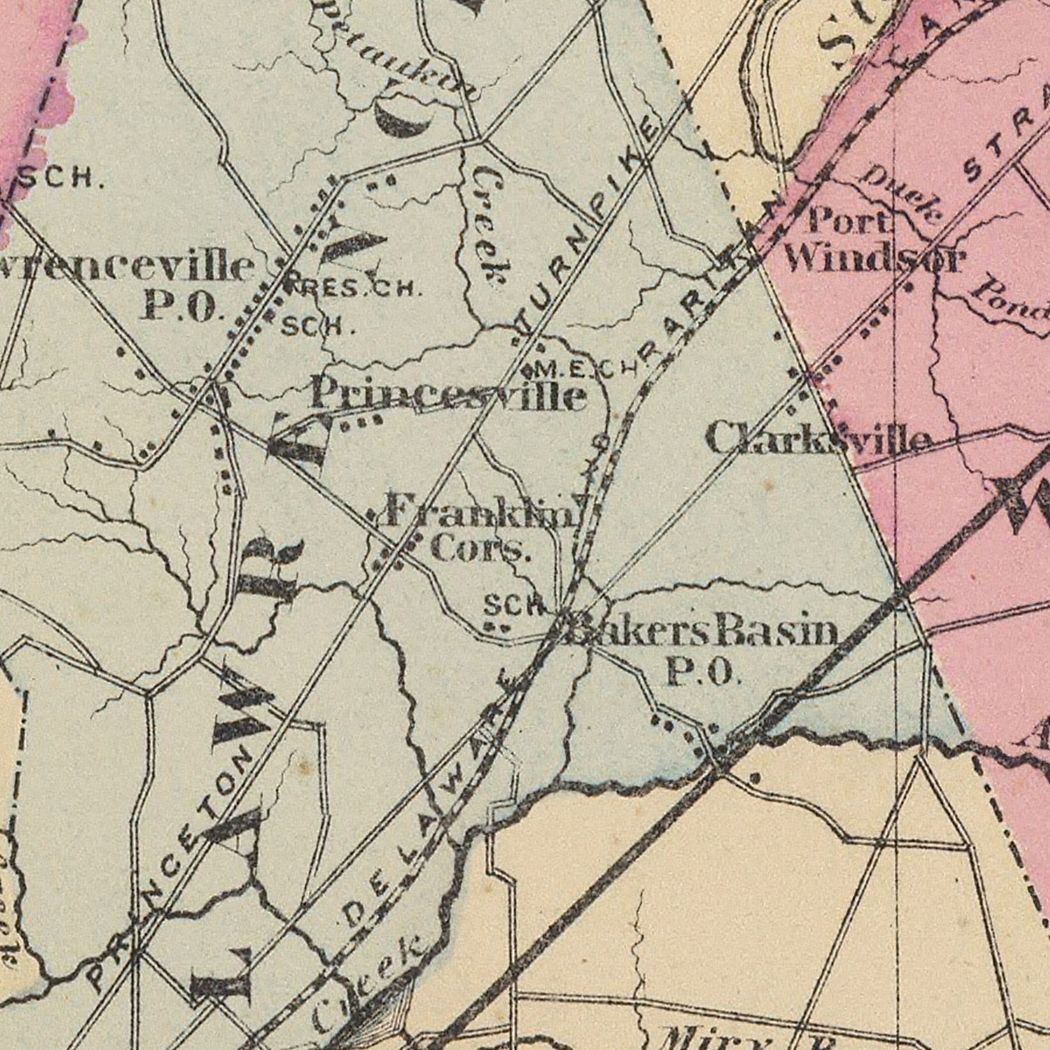 Restored historic details from the 1872 county map of Mercer County, New Jersey