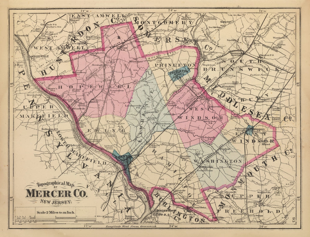 Vintage Map of Mercer County, New Jersey 1872 print style example