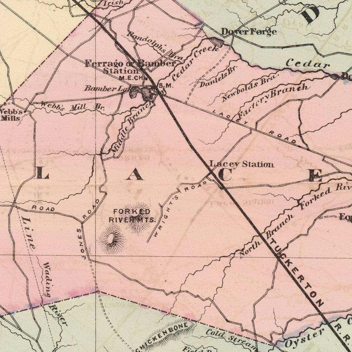 Restored historic details from the 1872 county map of Ocean County, New Jersey