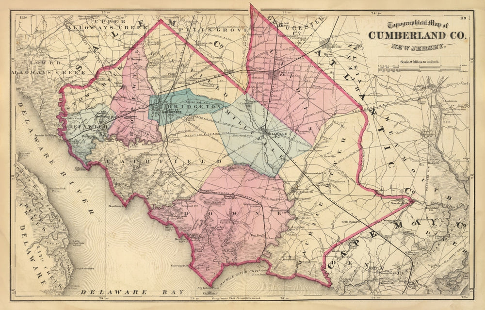 Vintage Map of Cumberland County, New Jersey 1872 print style example
