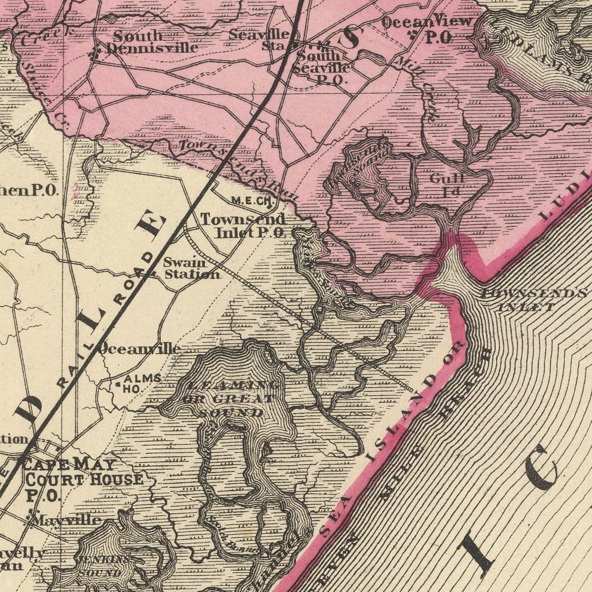 Restored historic details from the 1872 county map of Cape May County, New Jersey