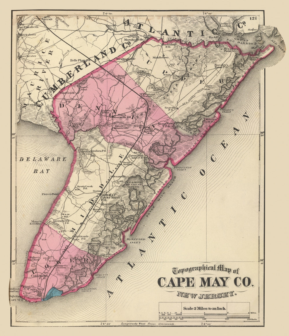 Vintage Map of Cape May County, New Jersey 1872 print style example