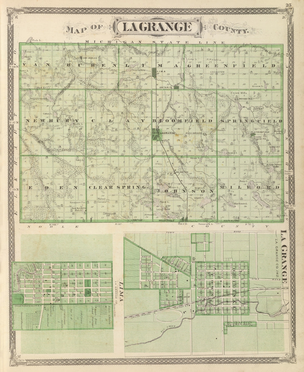 Vintage Map of Lagrange County, Indiana 1876 print style example