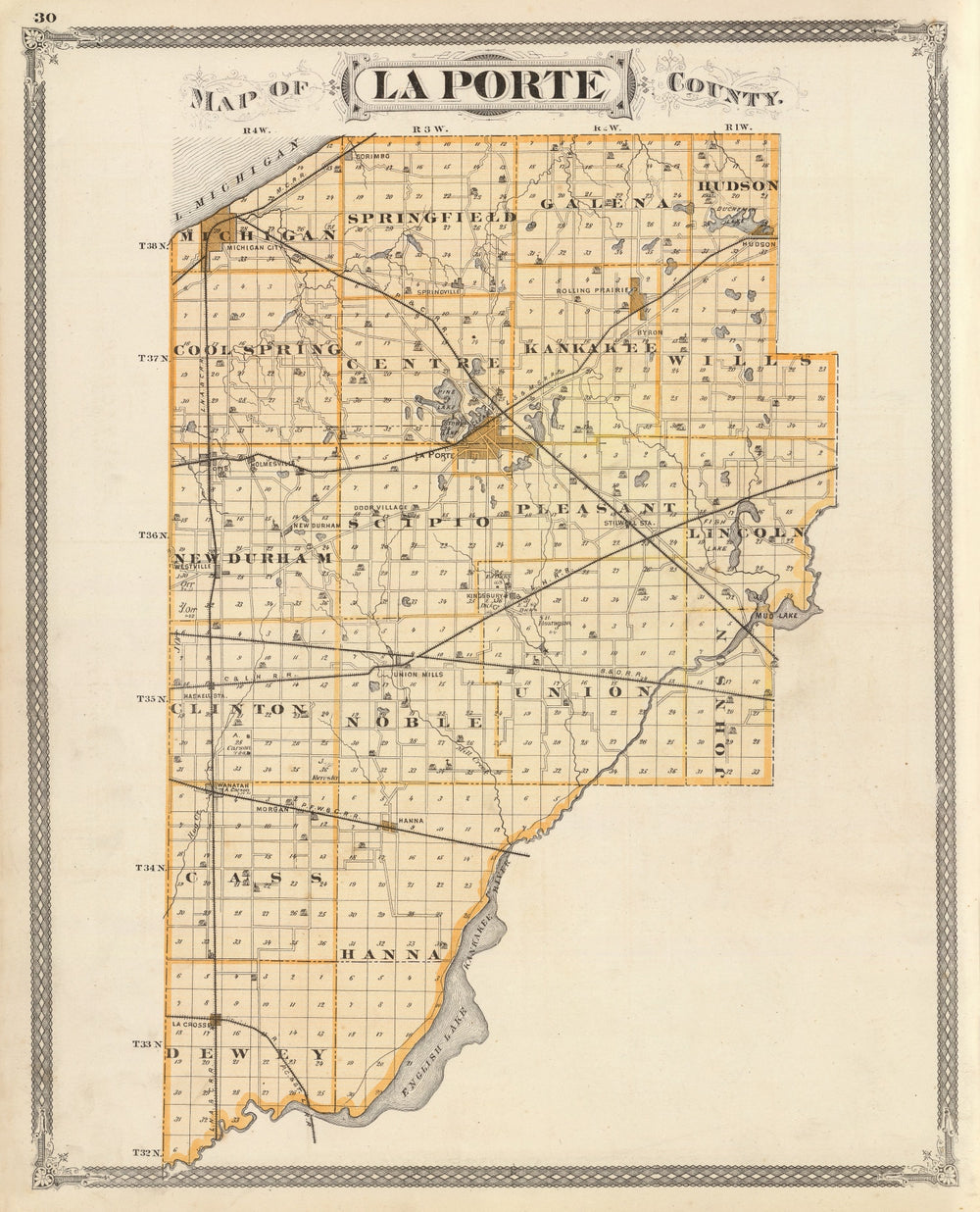 Vintage Map of La Porte County, Indiana 1876 print style example