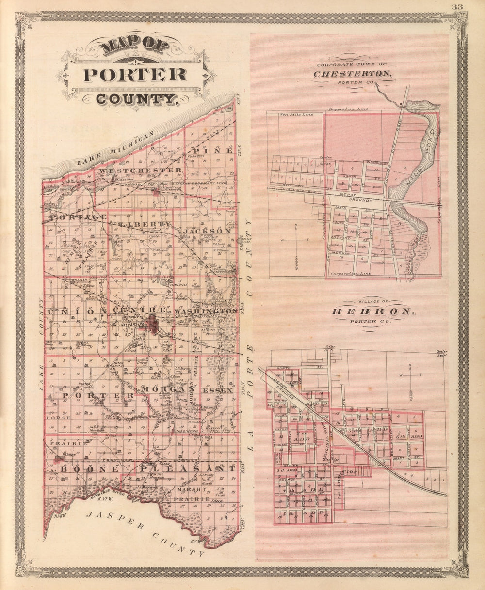Vintage Map of Porter County, Indiana 1876 print style example
