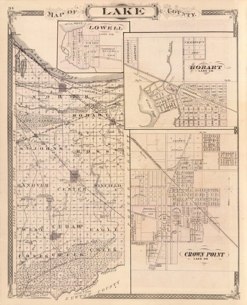 Vintage Map of Lake County, Indiana 1876 print style example