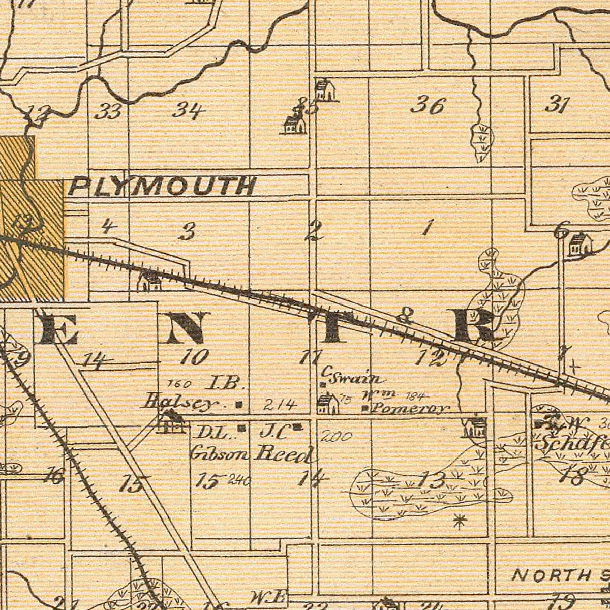 Restored historic details from the 1876 county map of Marshall County, Indiana