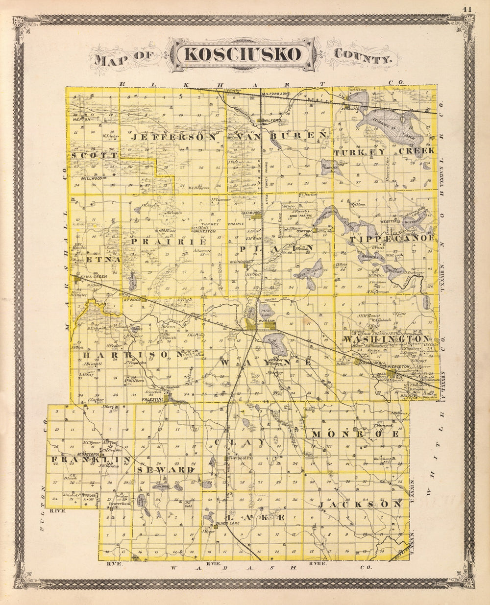 Vintage Map of Kosciusko County, Indiana 1876 print style example