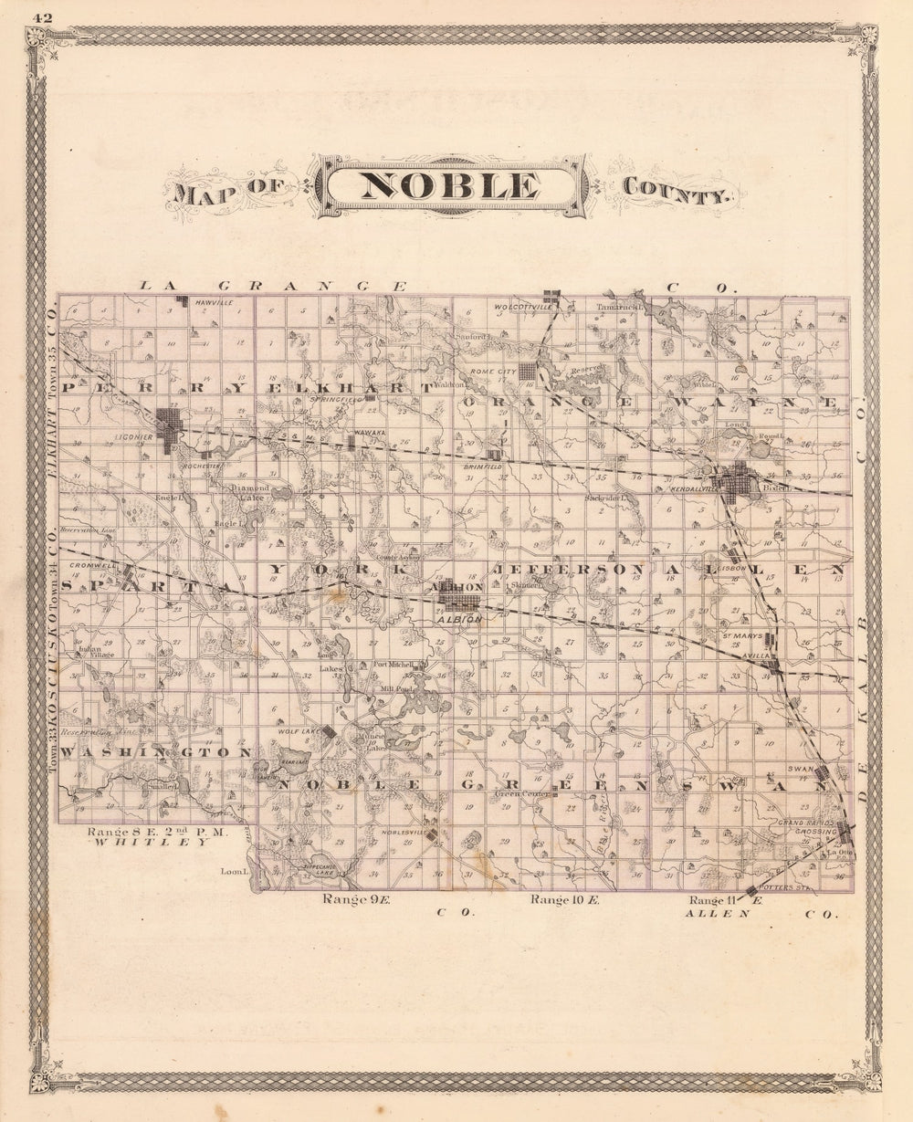 Vintage Map of Noble County, Indiana 1876 print style example