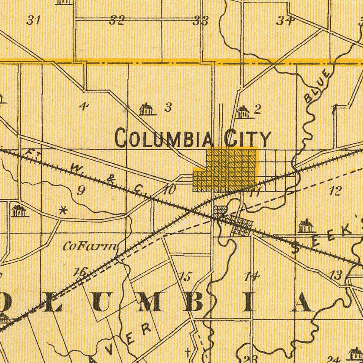 Restored historic details from the 1876 county map of Whitley County, Indiana