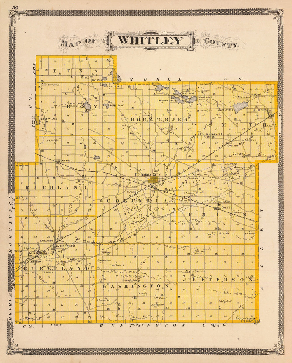 Vintage Map of Whitley County, Indiana 1876 print style example