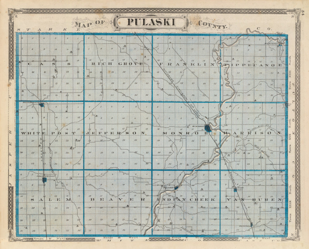 Vintage Map of Pulaski County, Indiana 1876 print style example