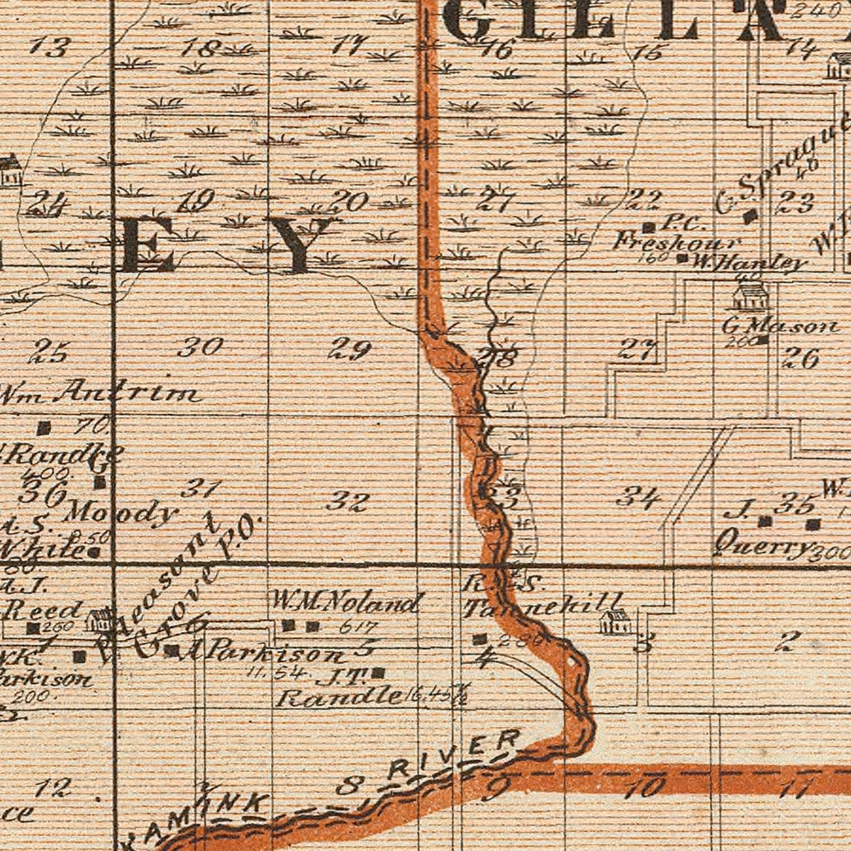 Restored historic details from the 1876 county map of Jasper County, Indiana