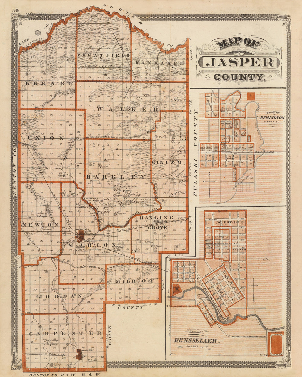 Vintage Map of Jasper County, Indiana 1876 print style example