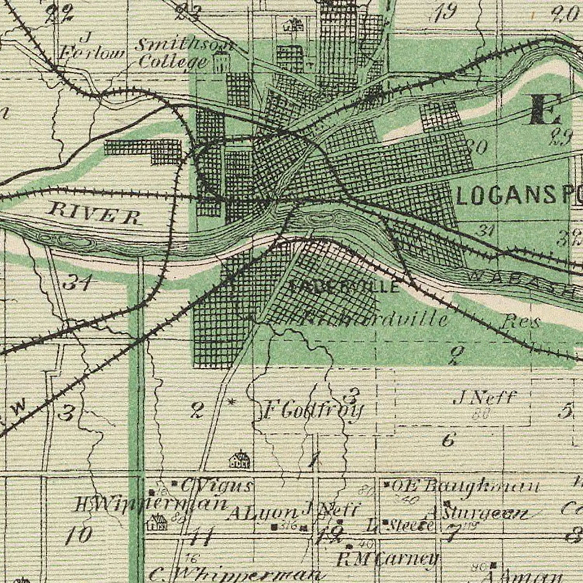 Restored historic details from the 1876 county map of Cass County, Indiana