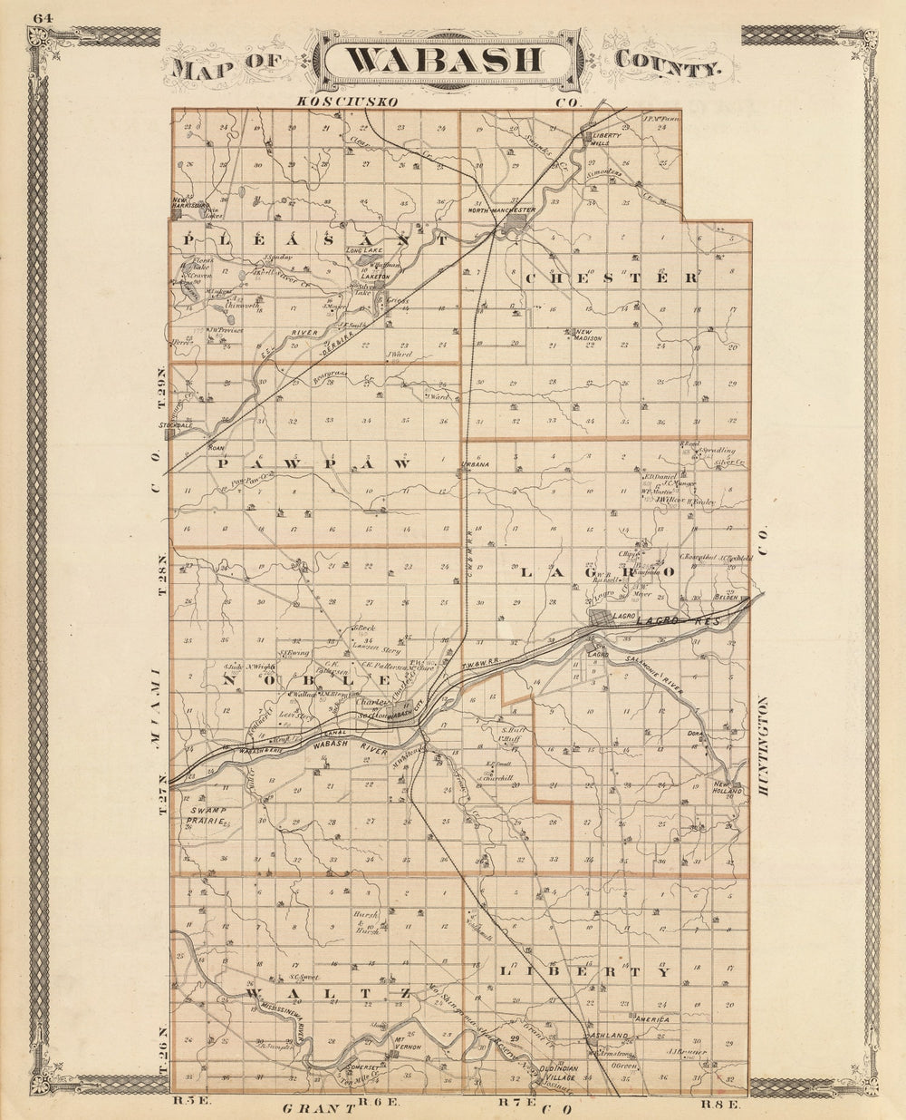 Vintage Map of Wabash County, Indiana 1876 print style example