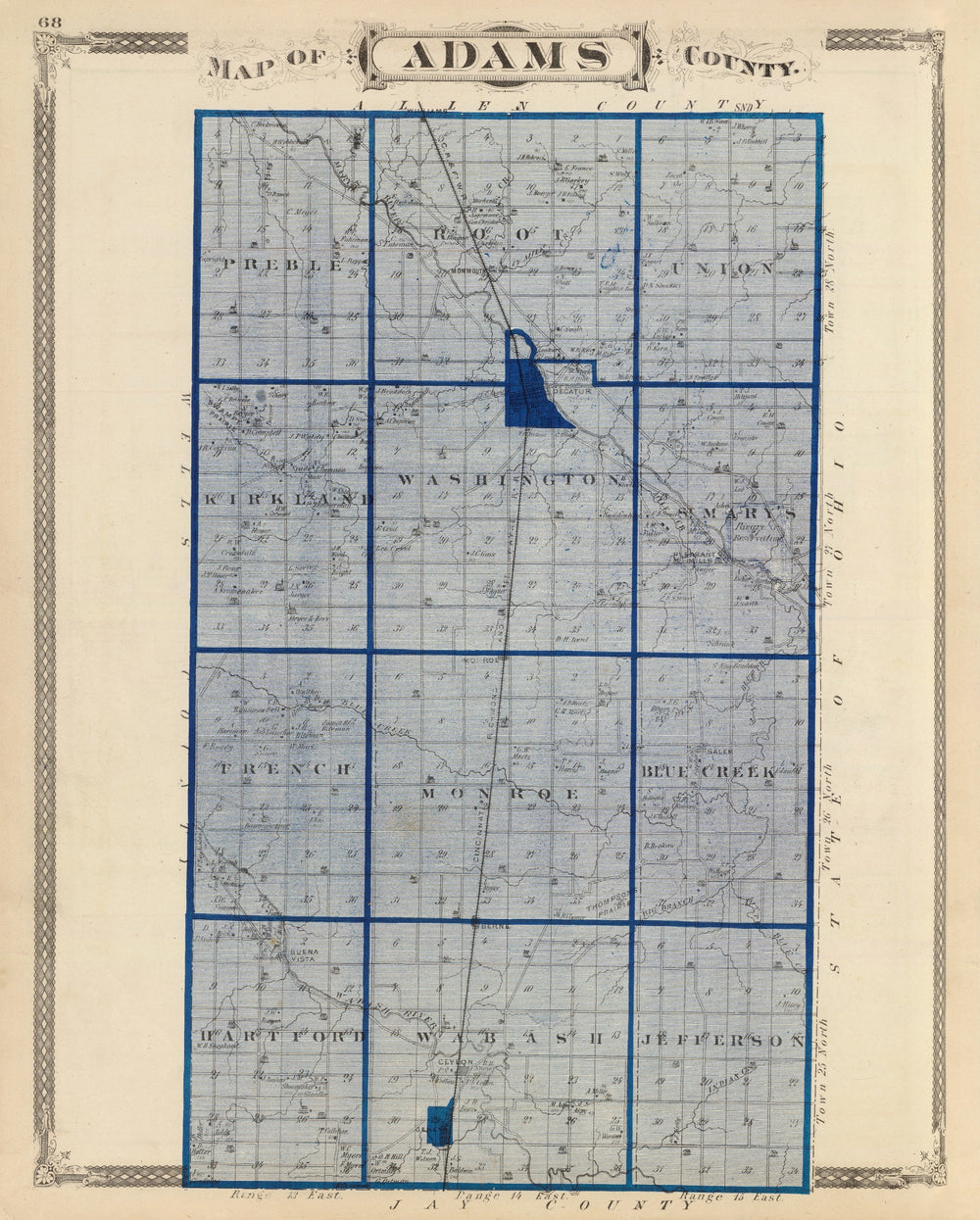 Vintage Map of Adams County, Indiana 1876 print style example