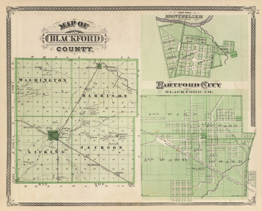 Vintage Map of Blackford County, Indiana 1876 print style example
