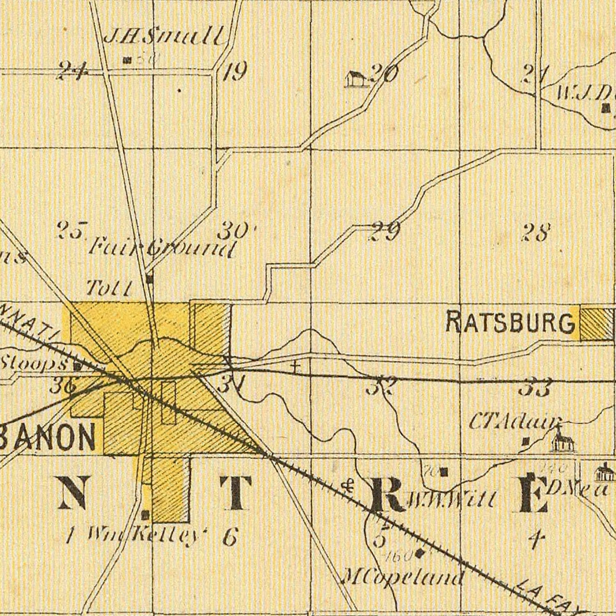 Restored historic details from the 1876 county map of Boone County, Indiana