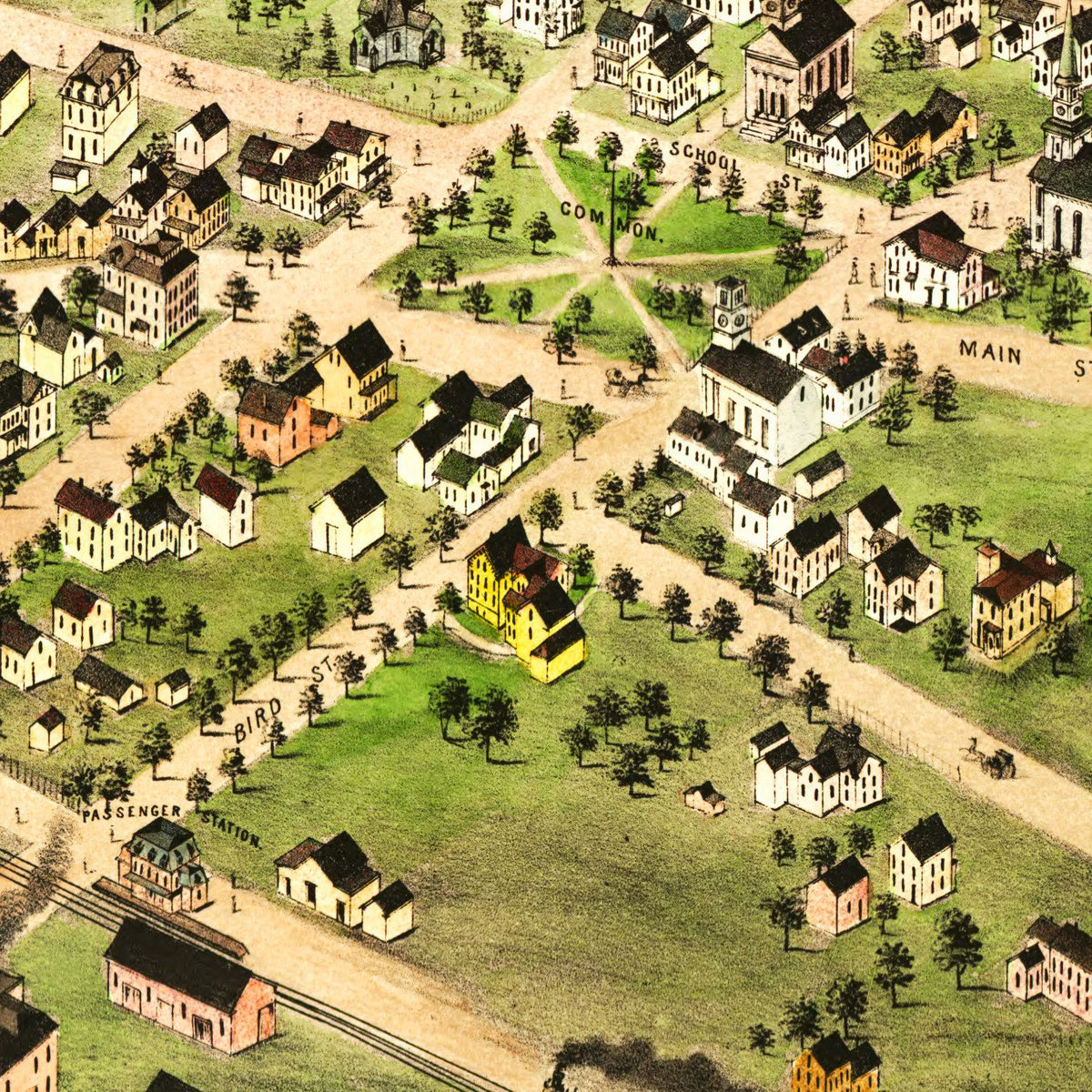 Restored historic details from the 1879 city map of Foxborough, Massachusetts
