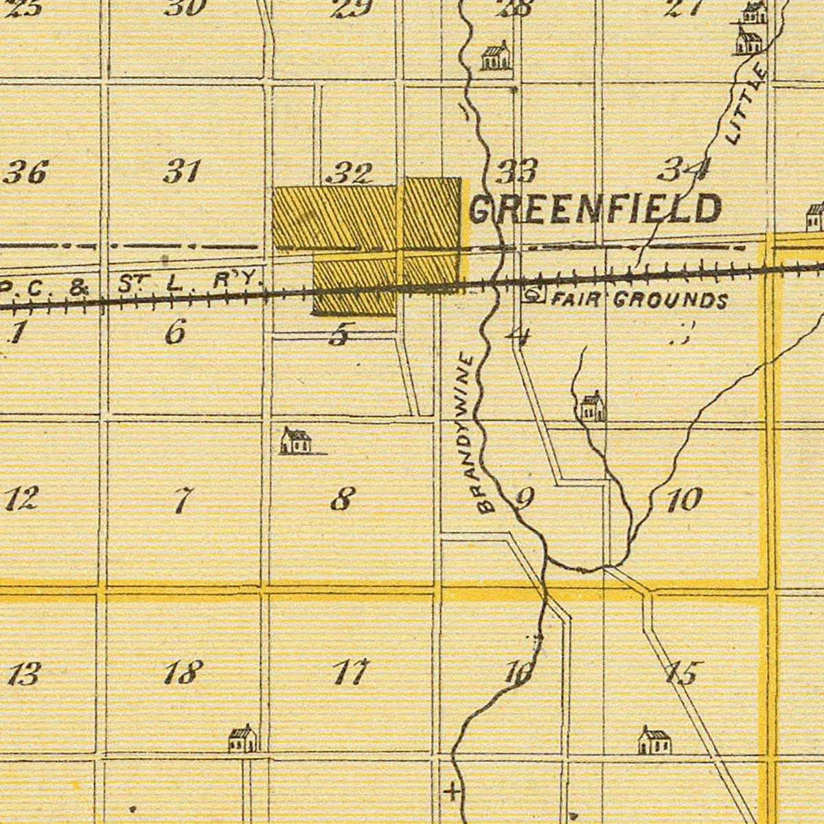 Restored historic details from the 1876 county map of Hancock County, Indiana