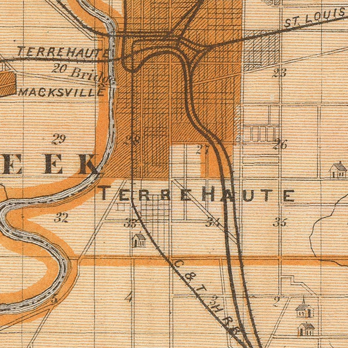 Restored historic details from the 1876 county map of Vigo County, Indiana