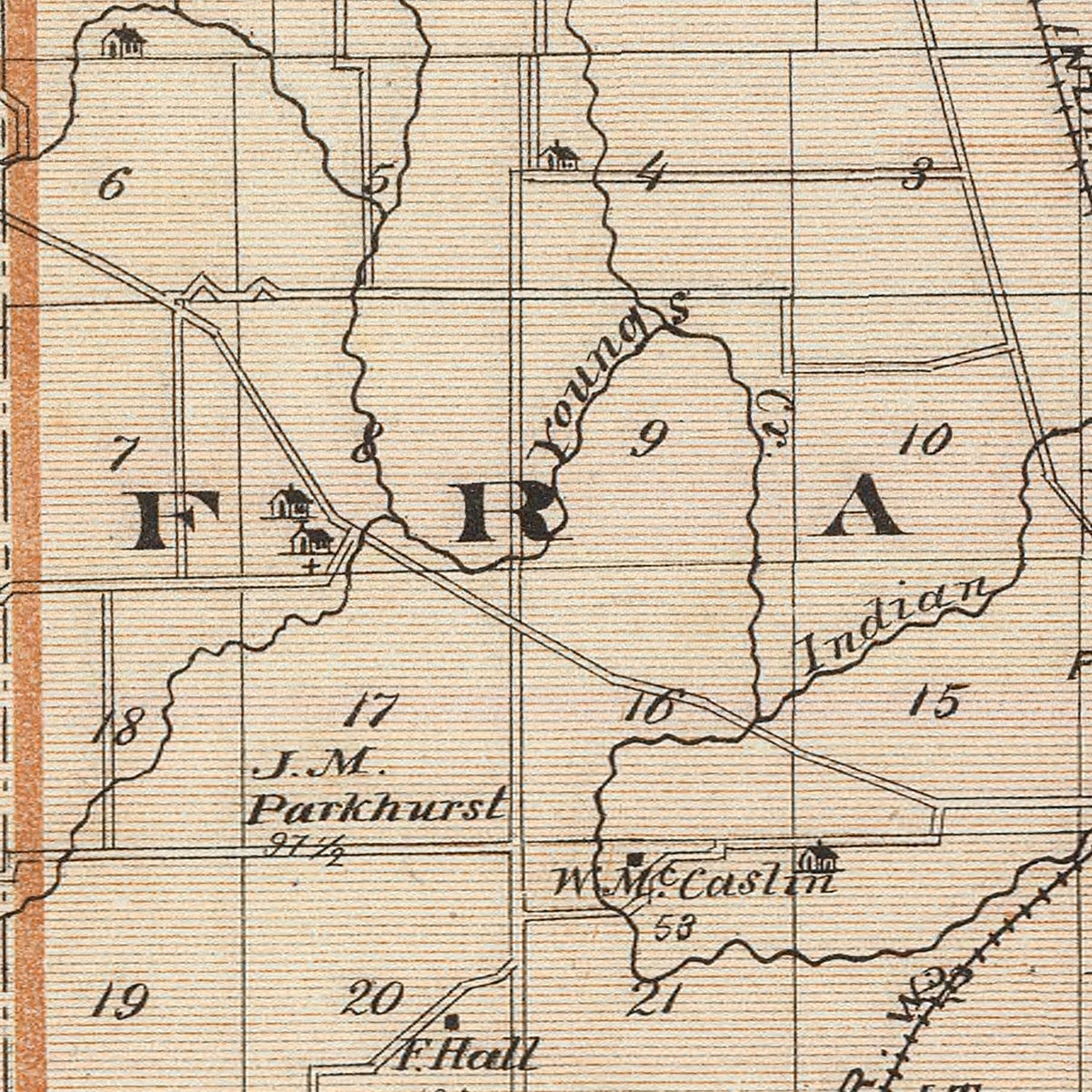 Restored historic details from the 1876 county map of Johnson County, Indiana