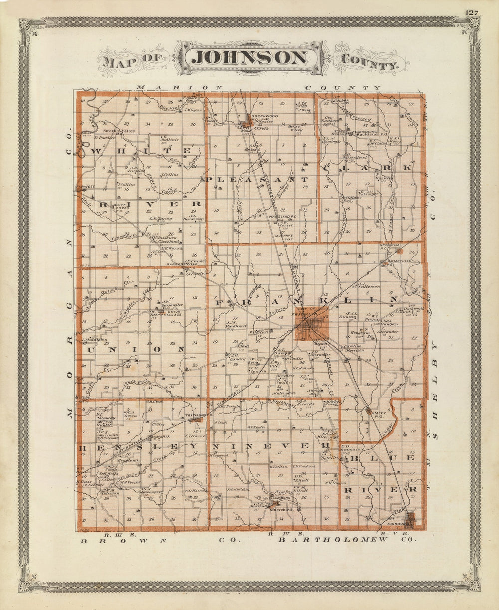 Vintage Map of Johnson County, Indiana 1876 print style example