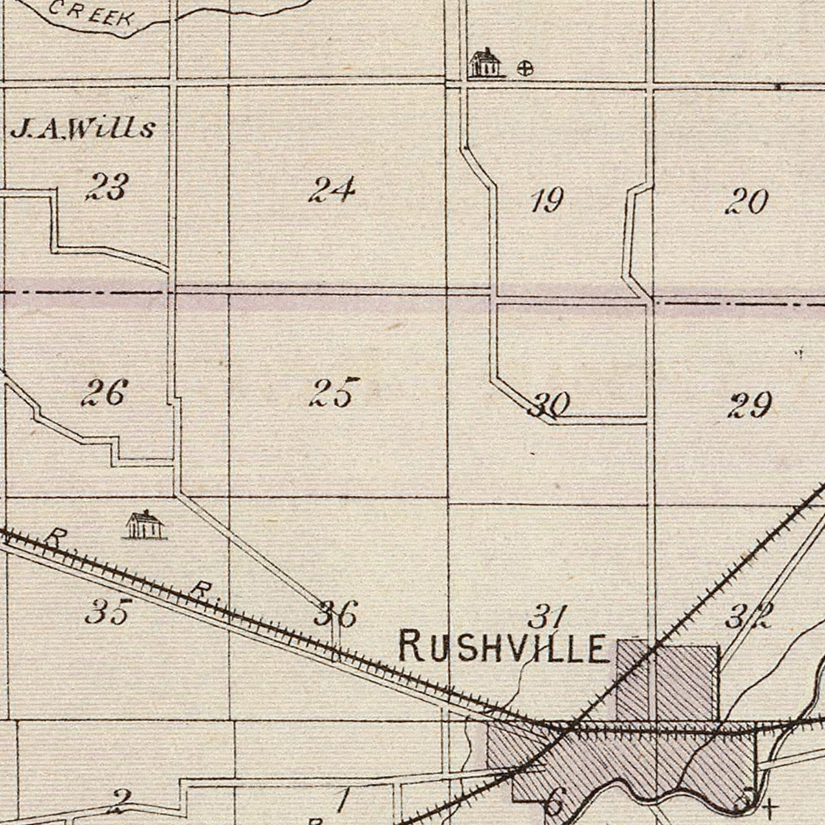 Restored historic details from the 1876 county map of Rush County, Indiana