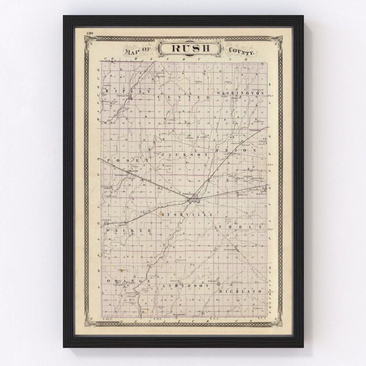 Rush County Vintage Map 1876