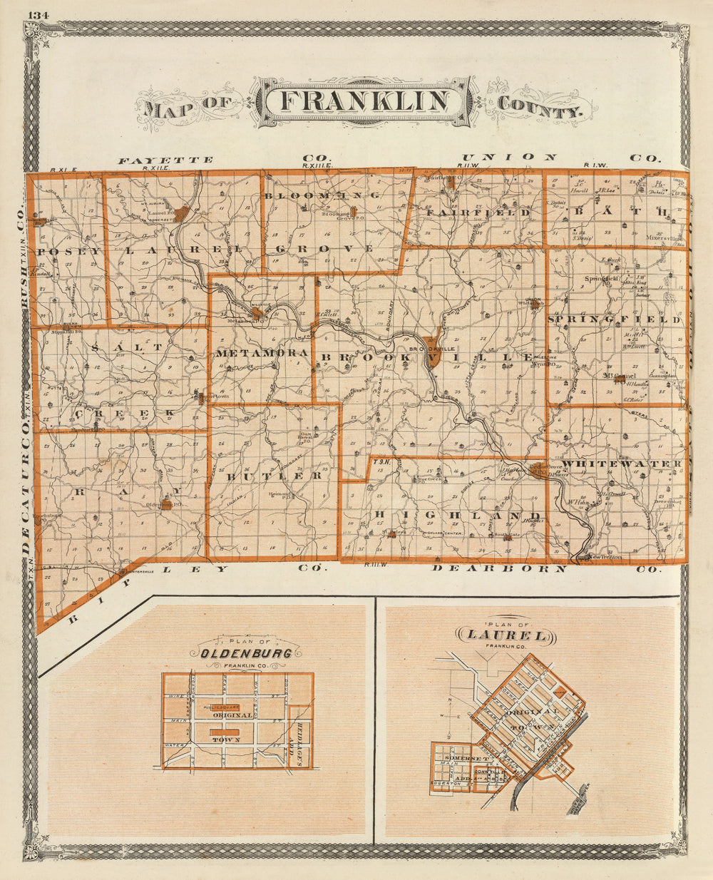 Vintage Map of Franklin County, Indiana 1876 print style example