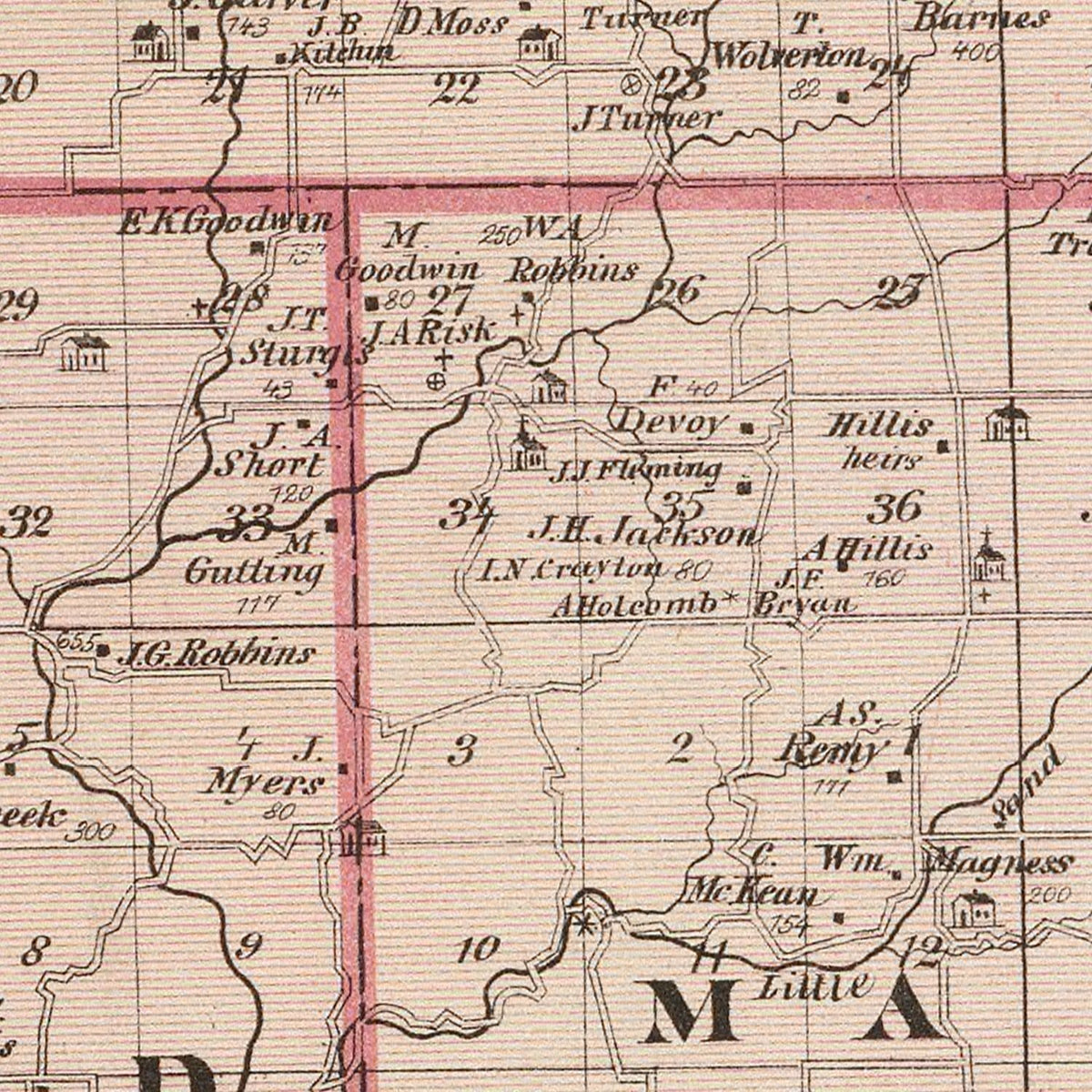 Restored historic details from the 1876 county map of Decatur County, Indiana