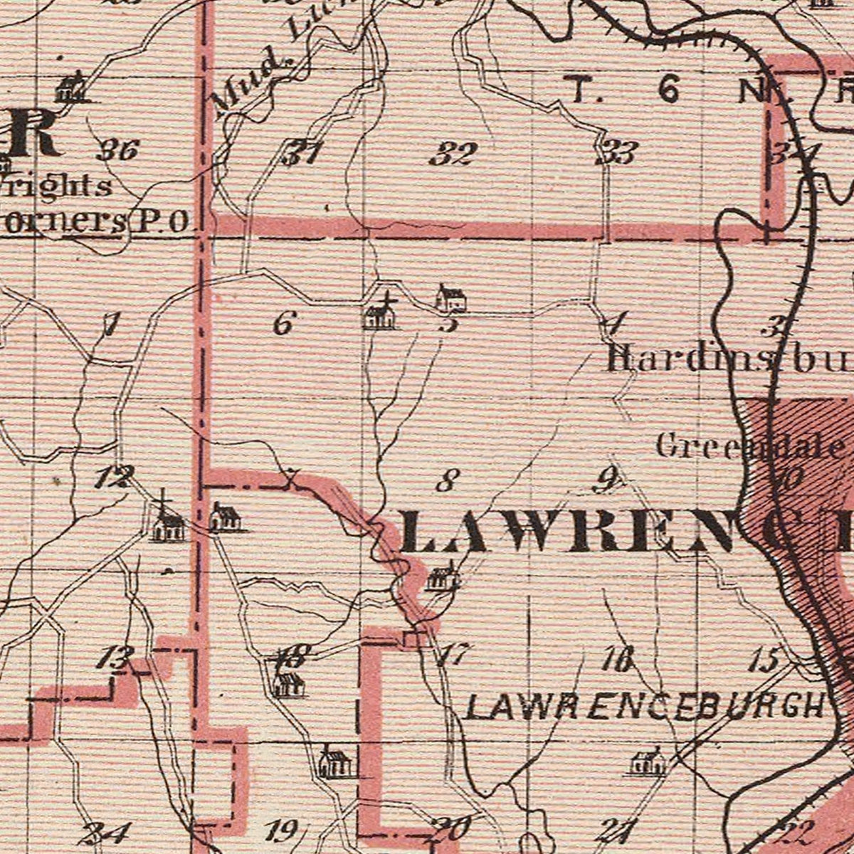 Restored historic details from the 1876 county map of Dearborn County, Indiana