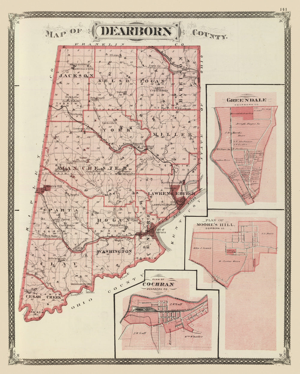 Vintage Map of Dearborn County, Indiana 1876 print style example