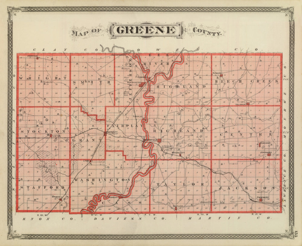 Vintage Map of Greene County, Indiana 1876 print style example