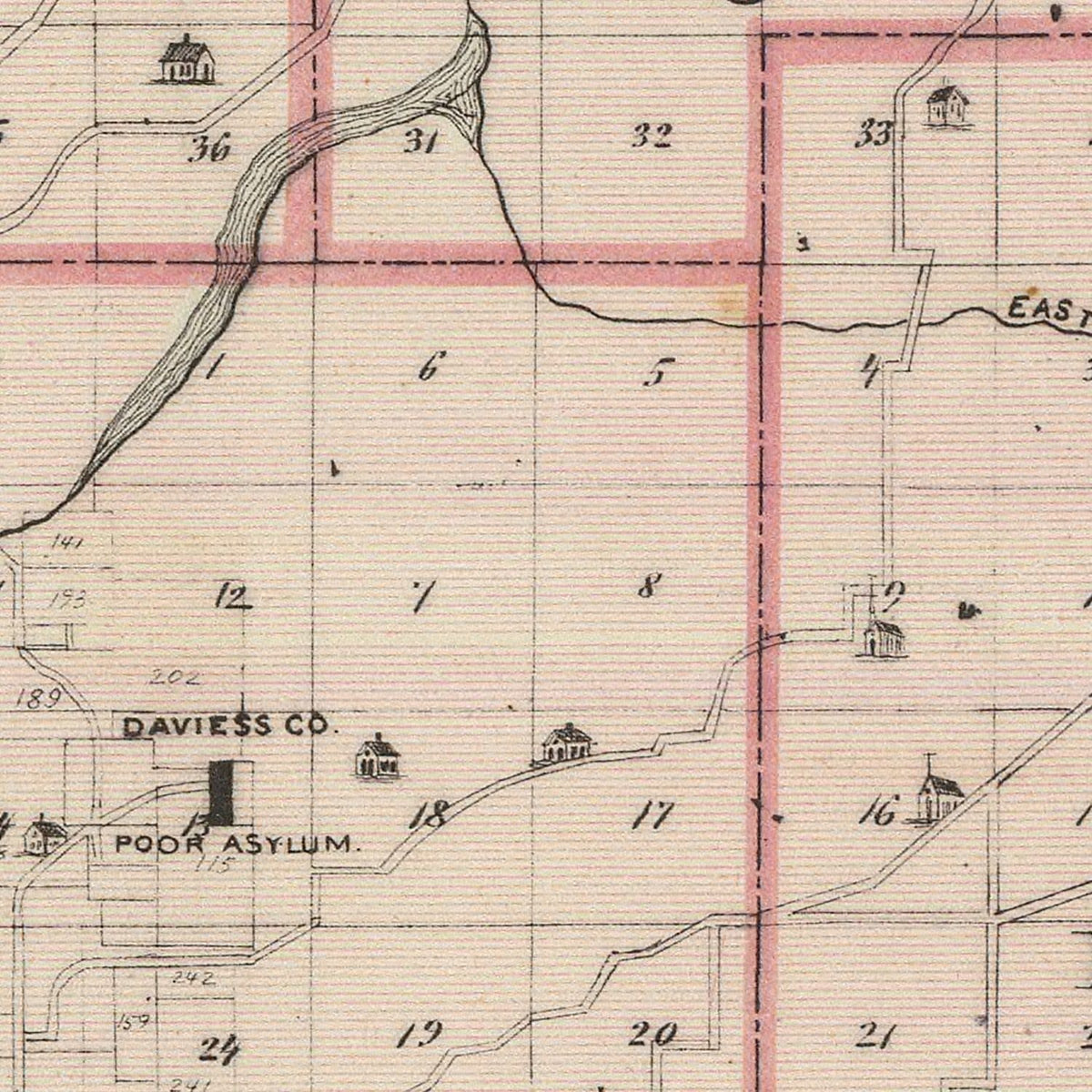 Restored historic details from the 1876 county map of Daviess County, Indiana