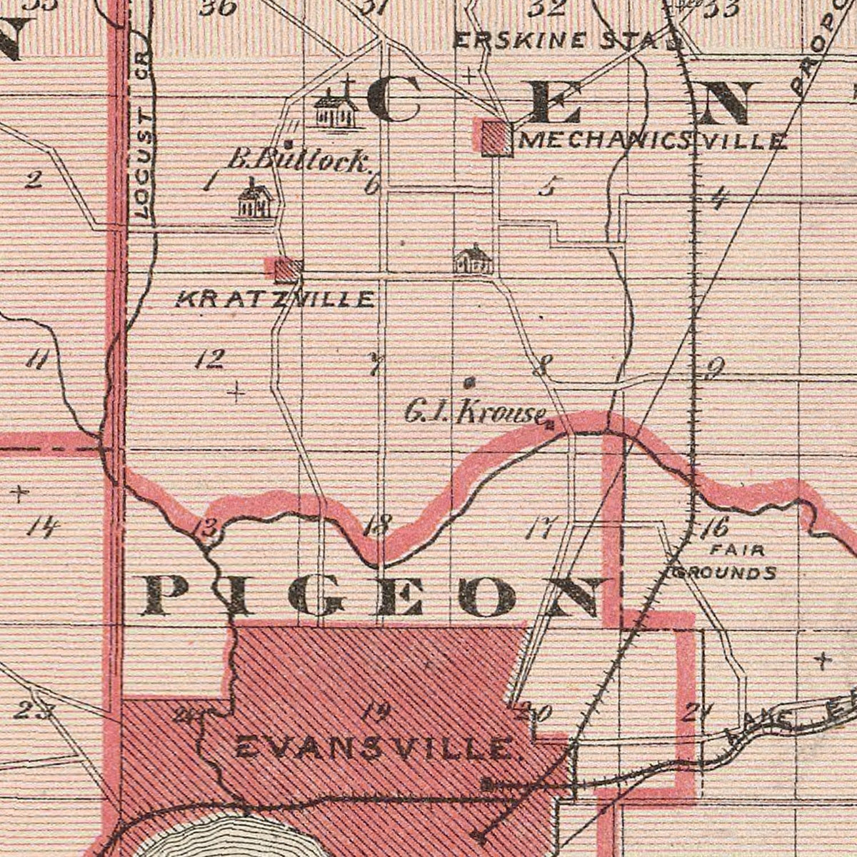 Restored historic details from the 1876 county map of Vanderburgh County, Indiana