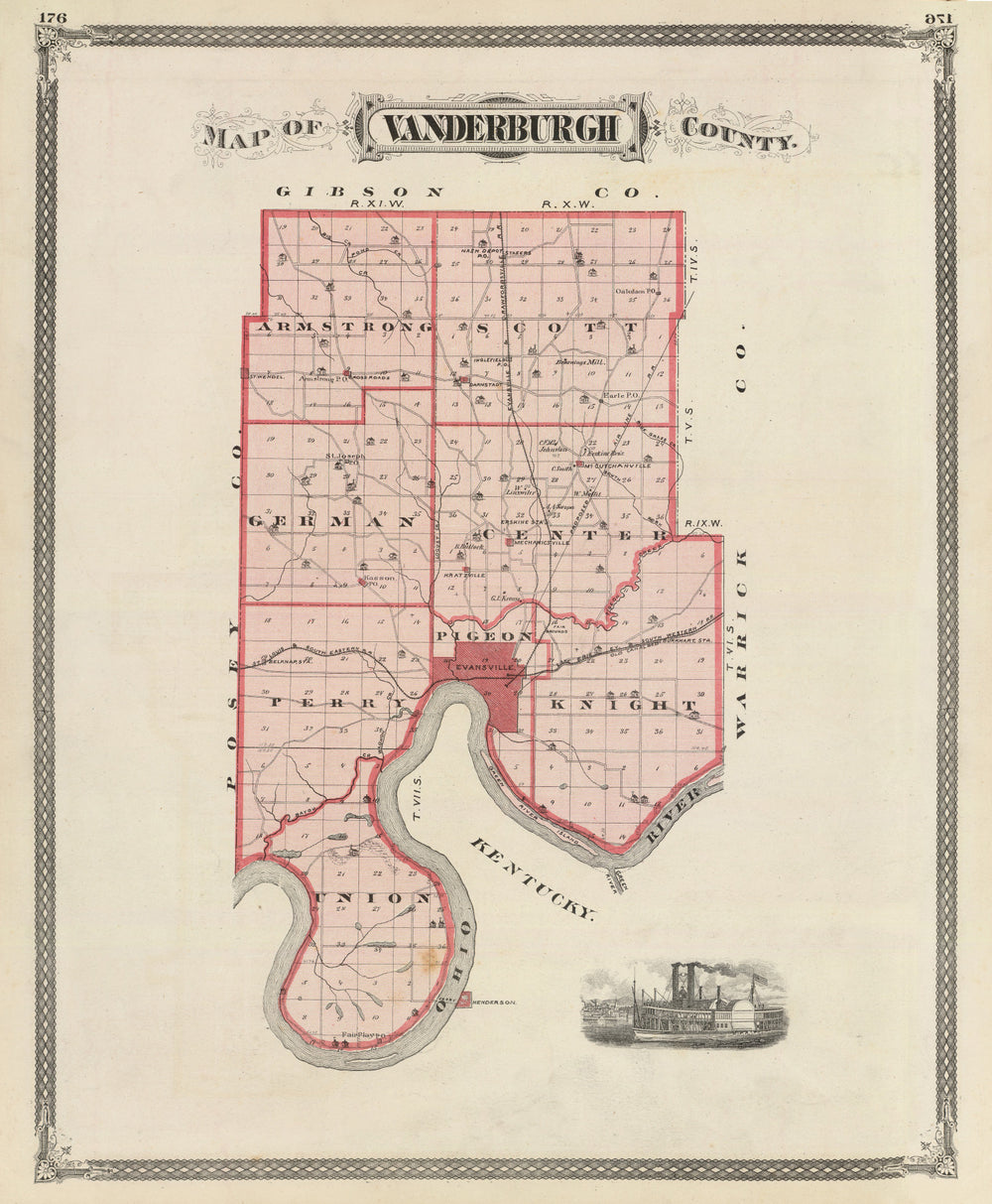 Vintage Map of Vanderburgh County, Indiana 1876 print style example