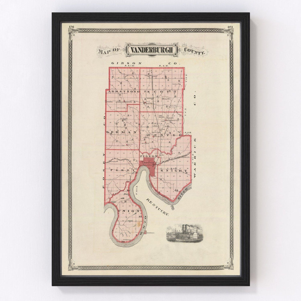 Vanderburgh County Vintage Map 1876
