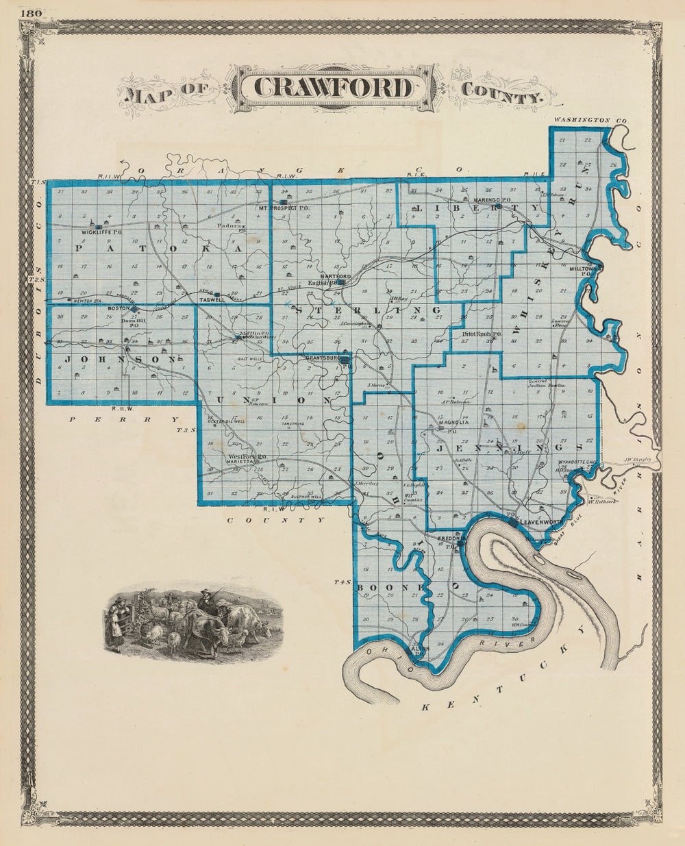 Vintage Map of Crawford County, Indiana 1876 print style example