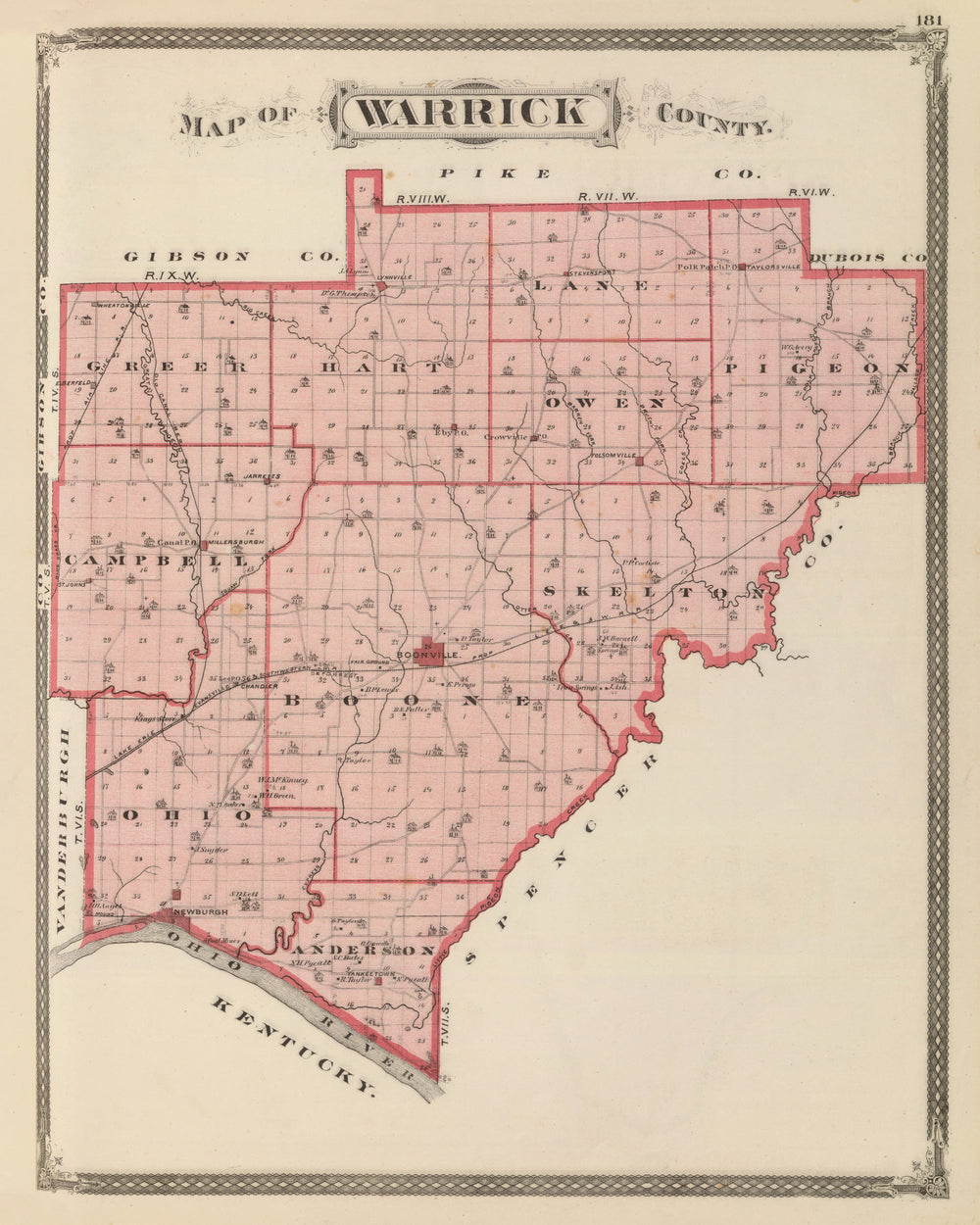 Vintage Map of Warrick County, Indiana 1876 print style example