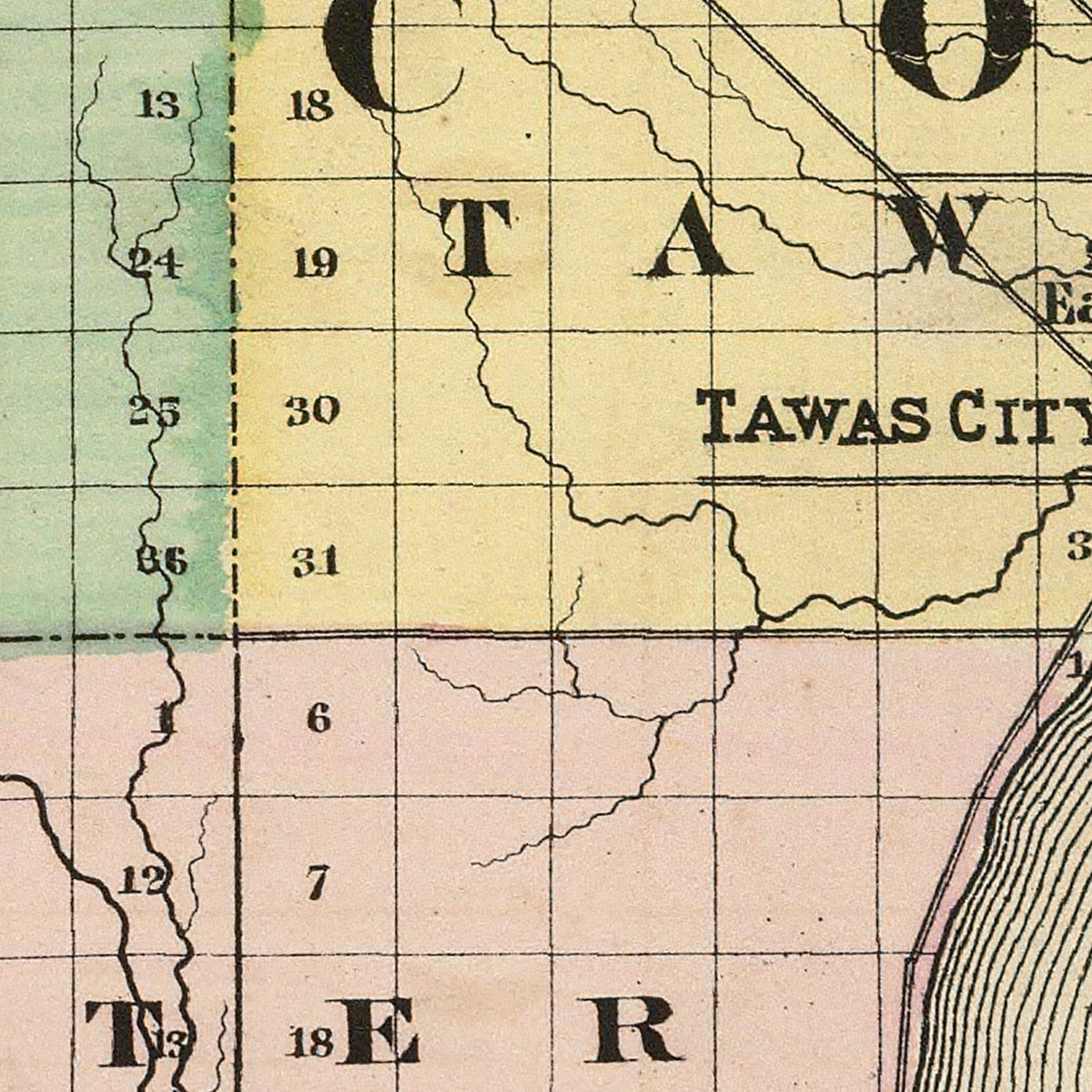 Restored historic details from the 1873 county map of Iosco County, Michigan