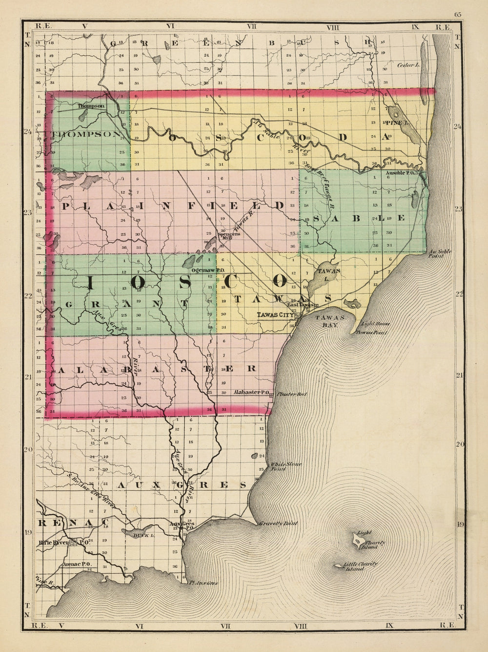 Vintage Map of Iosco County, Michigan 1873 print style example